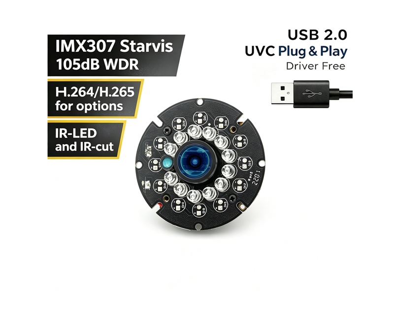 30fps 1080P IMX307 Starvis Wide Angle USB Camera Module  WDR H.265 Auto IR-Cut Night Vision with IR LED for Day Night Monitor