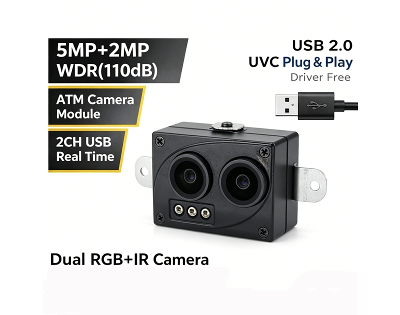 Dual Lens USB Camera Module 5MP Color & 2MP Face Recognition WDR No Distortion Webcam for ATM and Face Verification