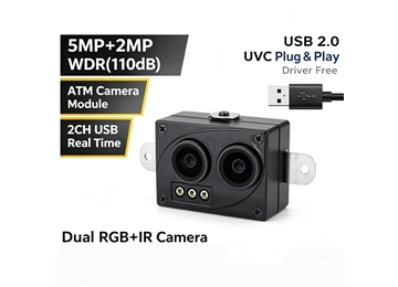 Dual Lens USB Camera Module 5MP Color & 2MP Face Recognition WDR No Distortion Webcam for ATM and Face Verification